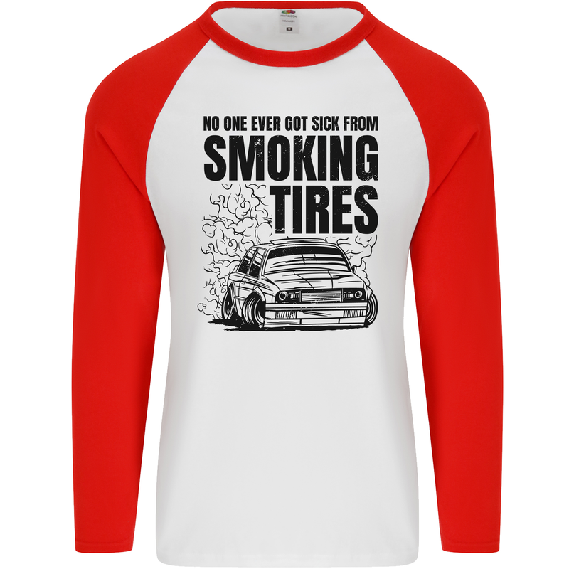 Car Drifting Burning Tires Mens L/S Baseball T-Shirt White/Red