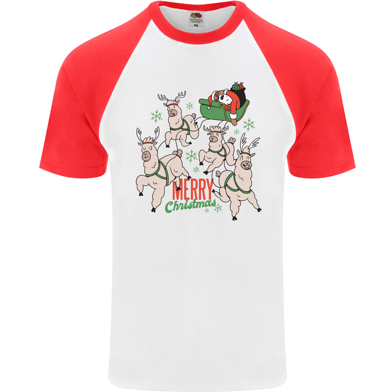 Santa & Llama Sleigh Funny Christmas Xmas Mens S/S Baseball T-Shirt White/Red