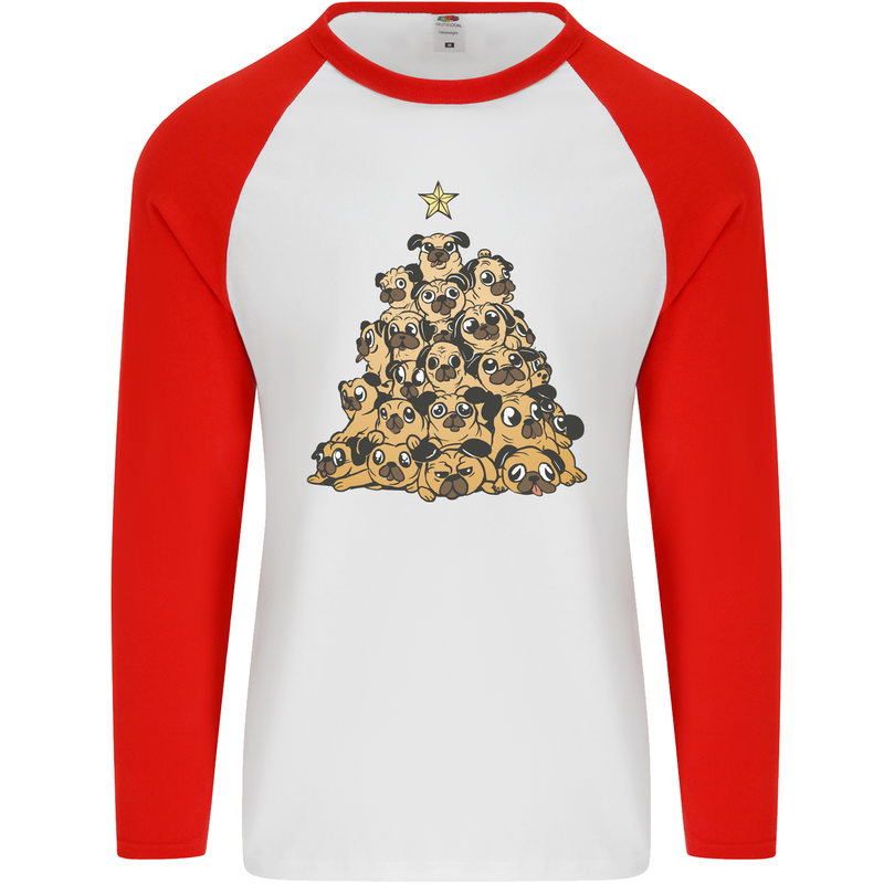 Christmas Pug Funny Dog Xmas Tree Mens L/S Baseball T-Shirt White/Red