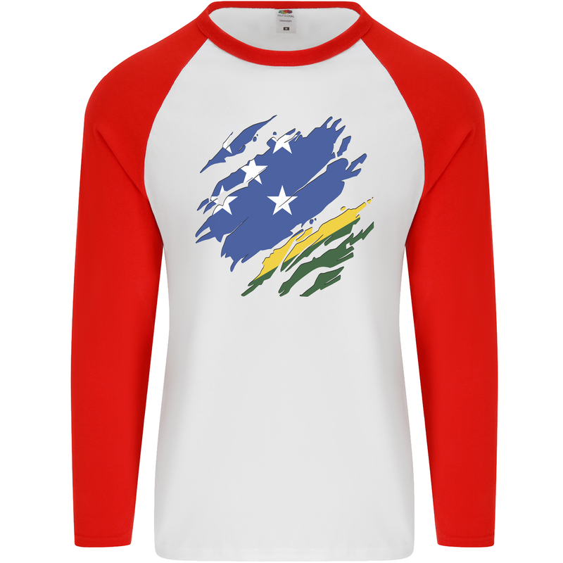 Torn Solomon Islands Flag Day Football Mens L/S Baseball T-Shirt White/Red