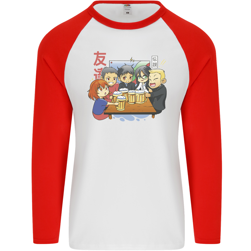 Chibi Anime Friends Drinking Beer Mens L/S Baseball T-Shirt White/Red