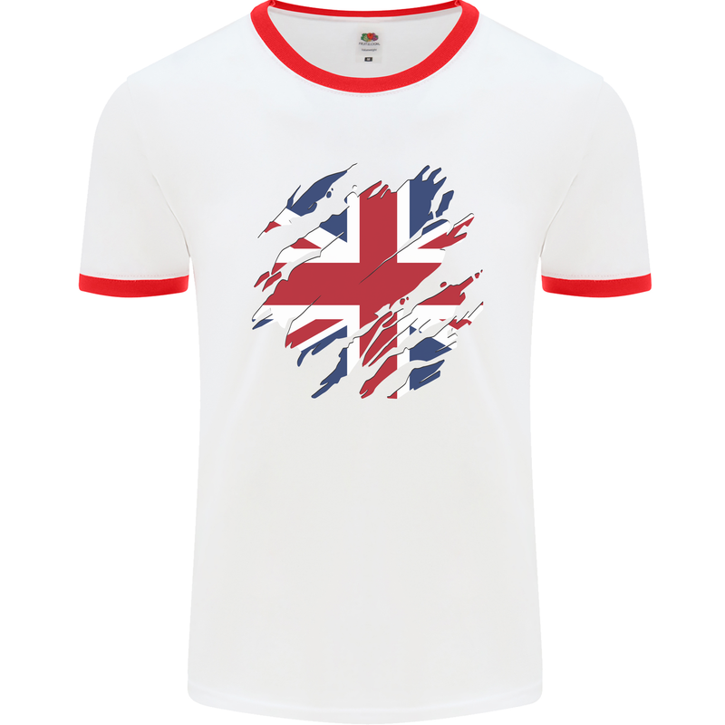 Torn British Flag Union Jack Britain Mens Ringer T-Shirt White/Red