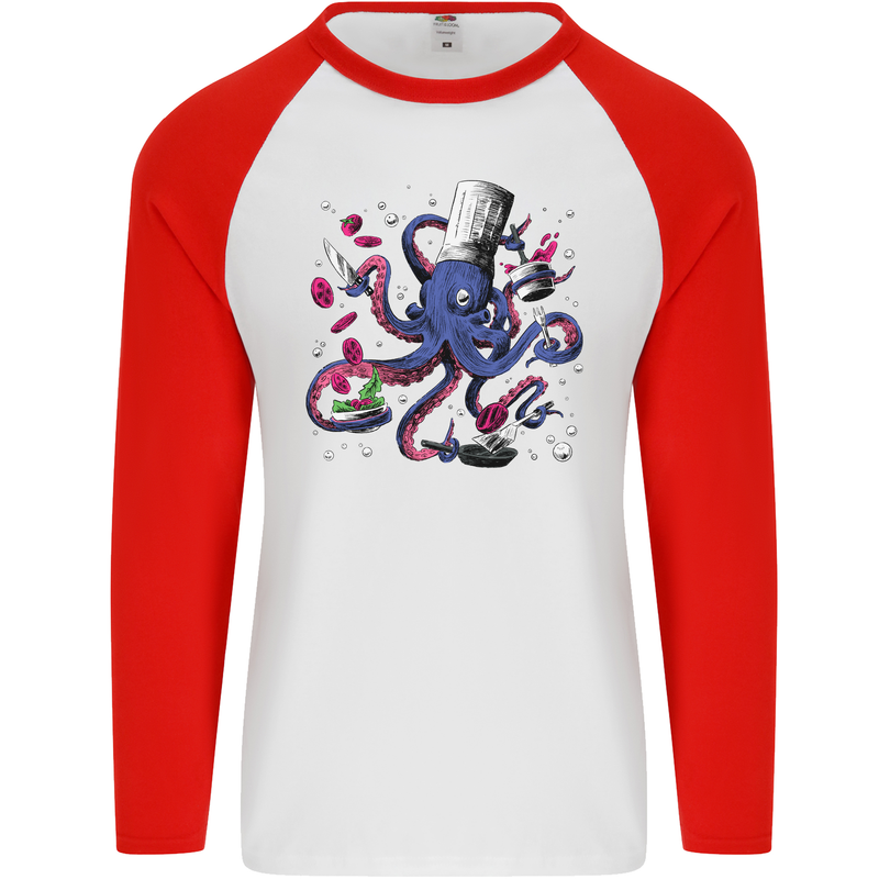 Octo Chef Funny Octopus Cook Cooking Mens L/S Baseball T-Shirt White/Red