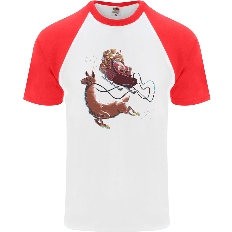 Santa & Llama Funny Christmas Sleigh Xmas Mens S/S Baseball T-Shirt White/Red