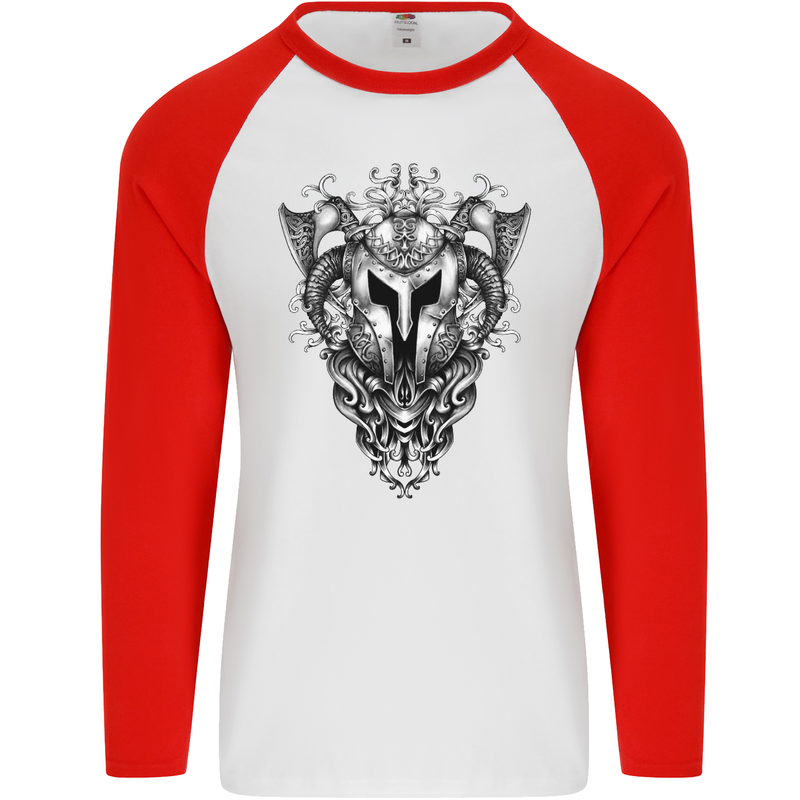 Viking Helmet Valhalla Gym Training Top Mens L/S Baseball T-Shirt White/Red