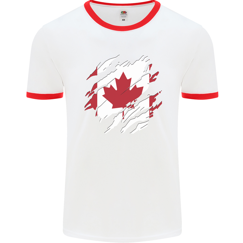 Torn Canada Flag Canadian Day Football Mens Ringer T-Shirt White/Red