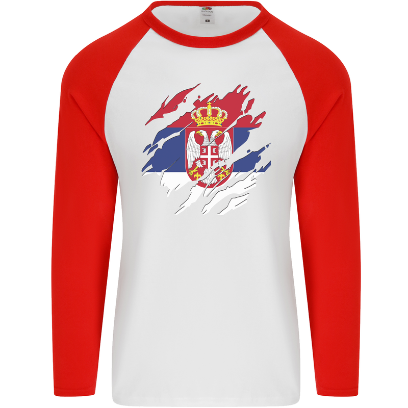 Torn Serbia Flag Serbia Day Football Mens L/S Baseball T-Shirt White/Red