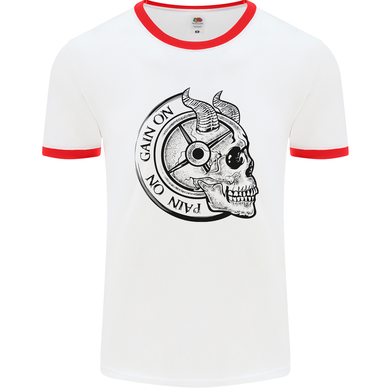 No Pain No Gain Devil Skull Gym Training Mens Ringer T-Shirt White/Red