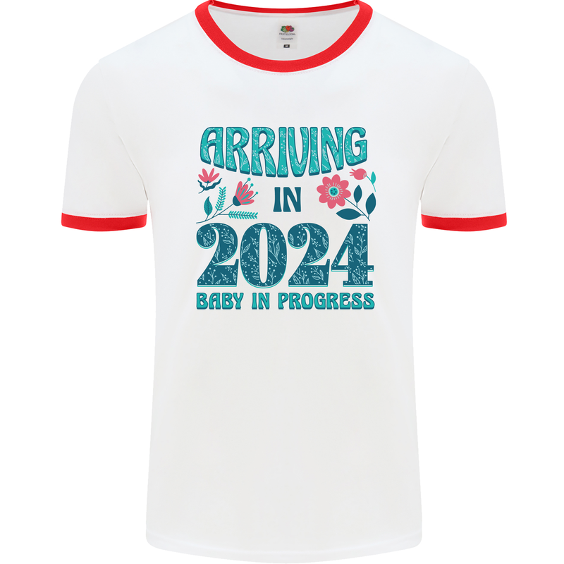 Arriving 2024 New Baby Pregnancy Pregnant Mens Ringer T-Shirt White/Red