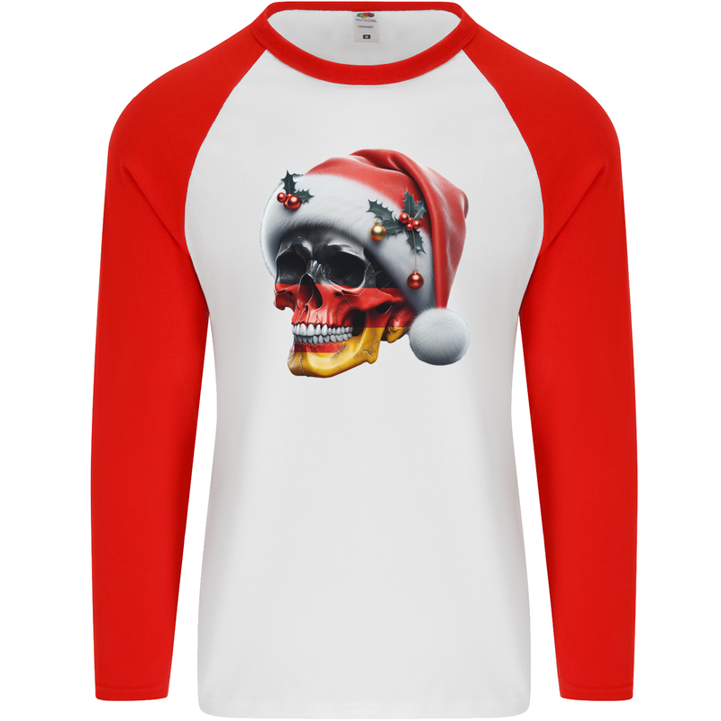 German Christmas Skull Xmas Germany Flag Mens L/S Baseball T-Shirt White/Red