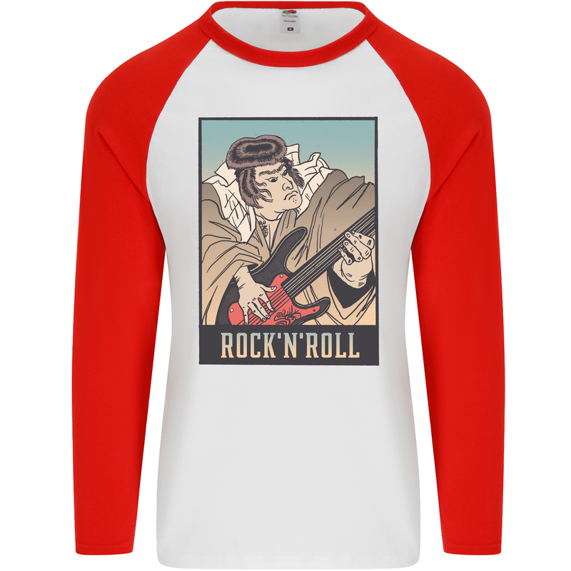 A Sumo Wrestler Playing the Electric Guitar Mens L/S Baseball T-Shirt White/Red