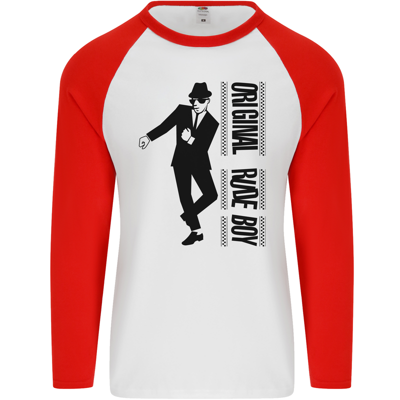 Original Rude Boy 2Tone 2 Tone SKA Mens L/S Baseball T-Shirt White/Red