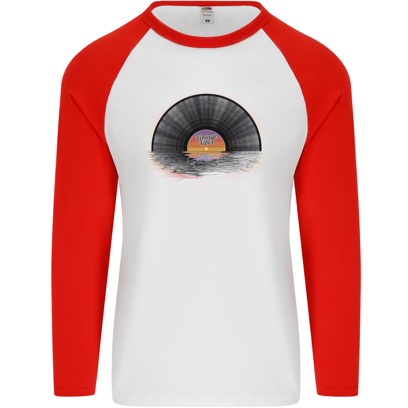 Vinyl Sunset Record LP Turntable Music Mens L/S Baseball T-Shirt White/Red