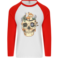 Mushroom Skull Nature Ecology Toadstool Mens L/S Baseball T-Shirt White/Red