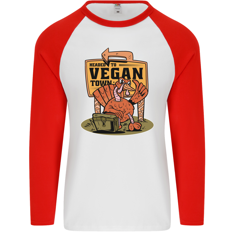 Heading to Vegan Town Funny Turkey Mens L/S Baseball T-Shirt White/Red