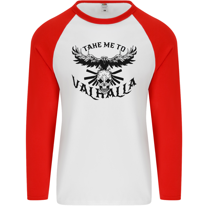 Take Me To Valhalla Viking Skull Odin Thor Mens L/S Baseball T-Shirt White/Red