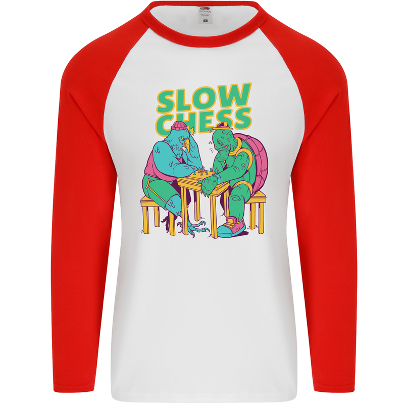 Slow Chess Funny Tortoise & Cock Mens L/S Baseball T-Shirt White/Red