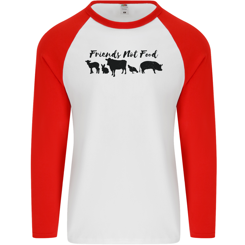 Vegetarian Animals Friends Not Food Vegan Mens L/S Baseball T-Shirt White/Red