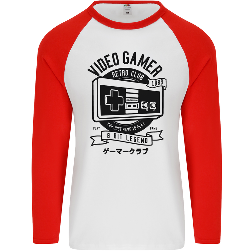 Video Gamer Retro Club Gaming Mens L/S Baseball T-Shirt White/Red