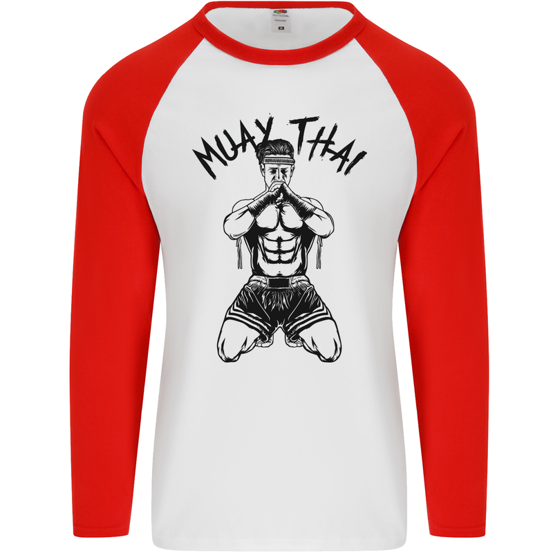 Muay Thai Fighter Mixed Martial Arts MMA Mens L/S Baseball T-Shirt White/Red