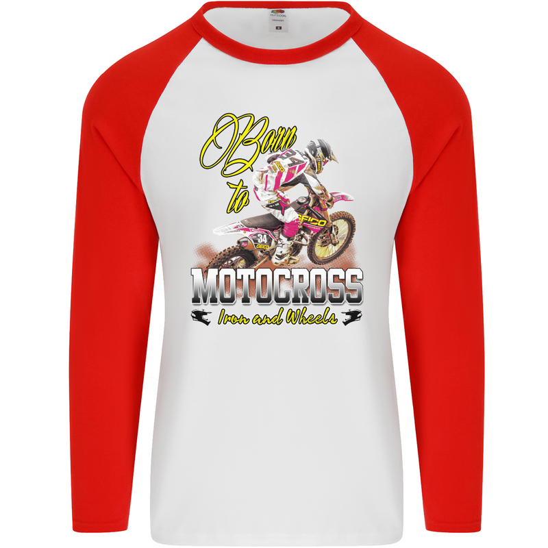 Born to Motocross Dirt Bike Mens L/S Baseball T-Shirt White/Red