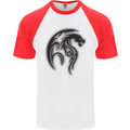 Black Tribal Tattoo Style Dragon Mens S/S Baseball T-Shirt White/Red