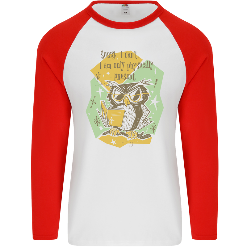Funny Book Reading Owl Bookworm Books Mens L/S Baseball T-Shirt White/Red