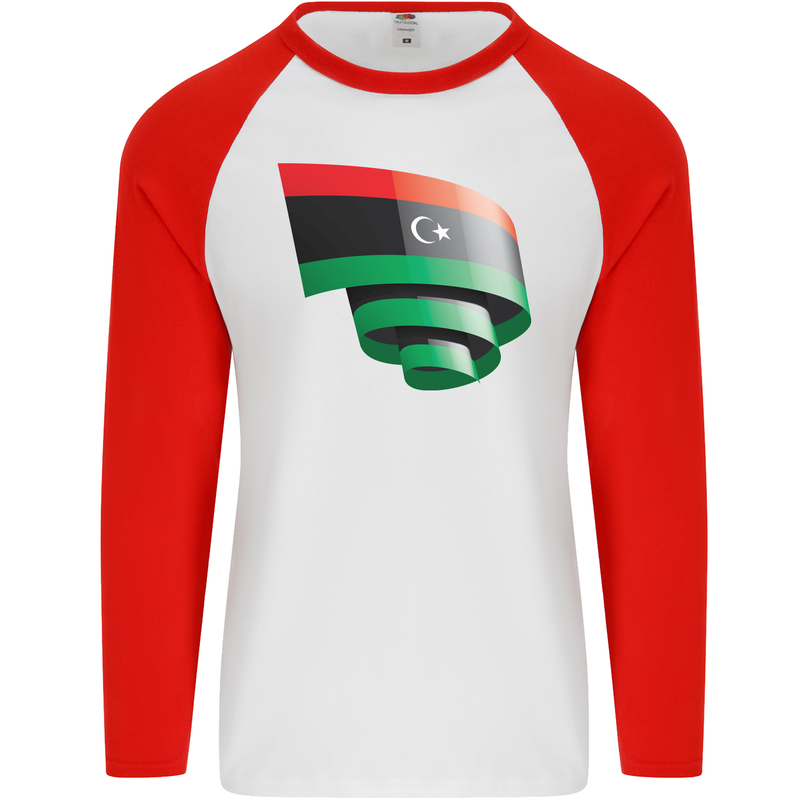 Curled Libya Flag Libyan Day Football Mens L/S Baseball T-Shirt White/Red