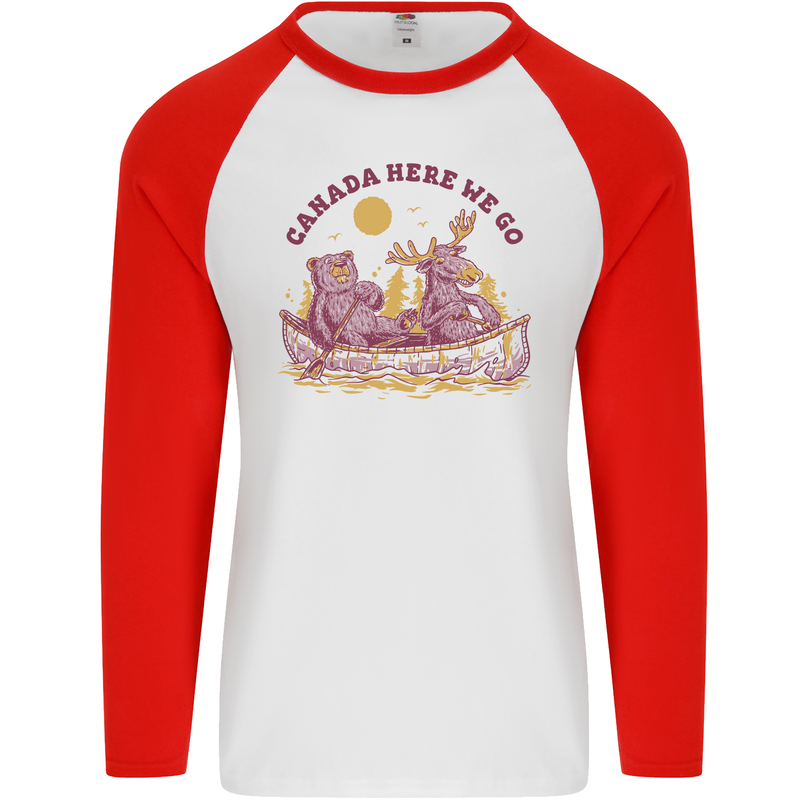 Canada Here We Go Moose and Bear Canadian Mens L/S Baseball T-Shirt White/Red