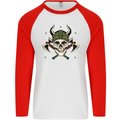 Viking Skull With Axes and Helmet Mens L/S Baseball T-Shirt White/Red