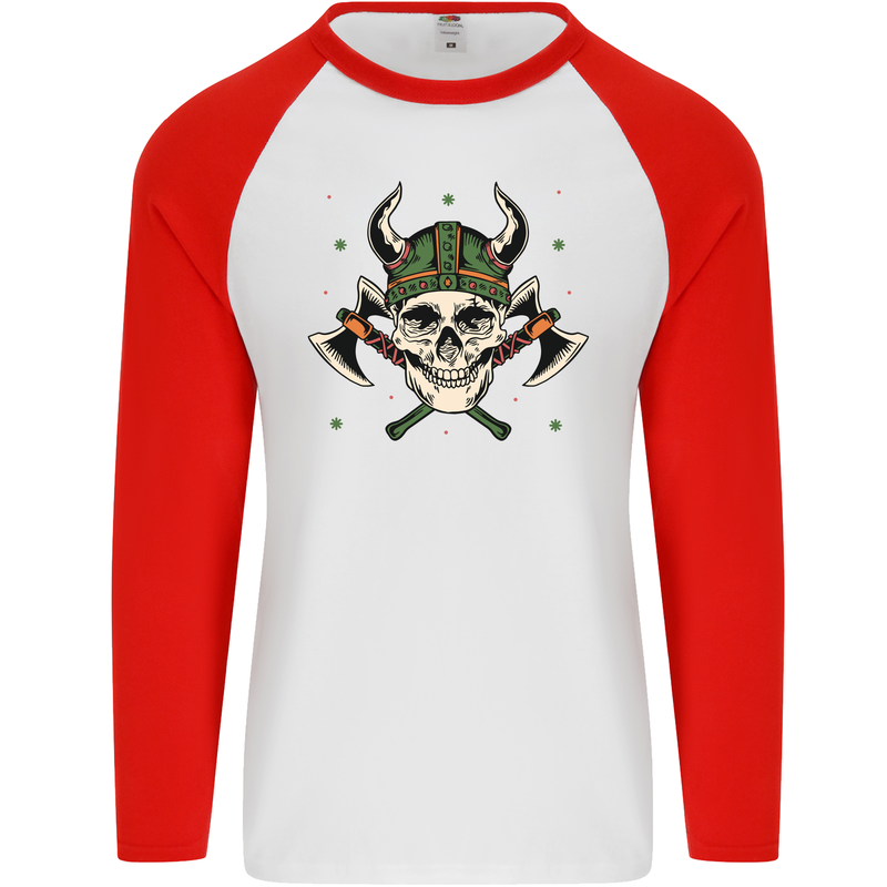 Viking Skull With Axes and Helmet Mens L/S Baseball T-Shirt White/Red