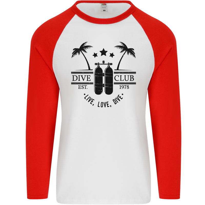 Live Love Dive Funny Scuba Diving Diver Mens L/S Baseball T-Shirt White/Red