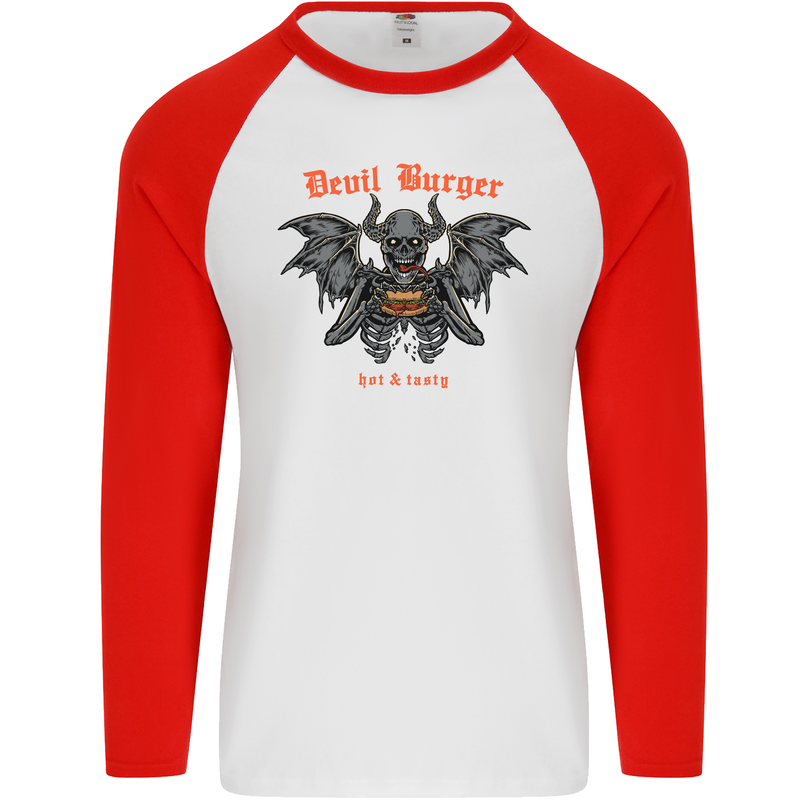 Devil Burger Demon Satan Grim Reaper BBQ Mens L/S Baseball T-Shirt White/Red