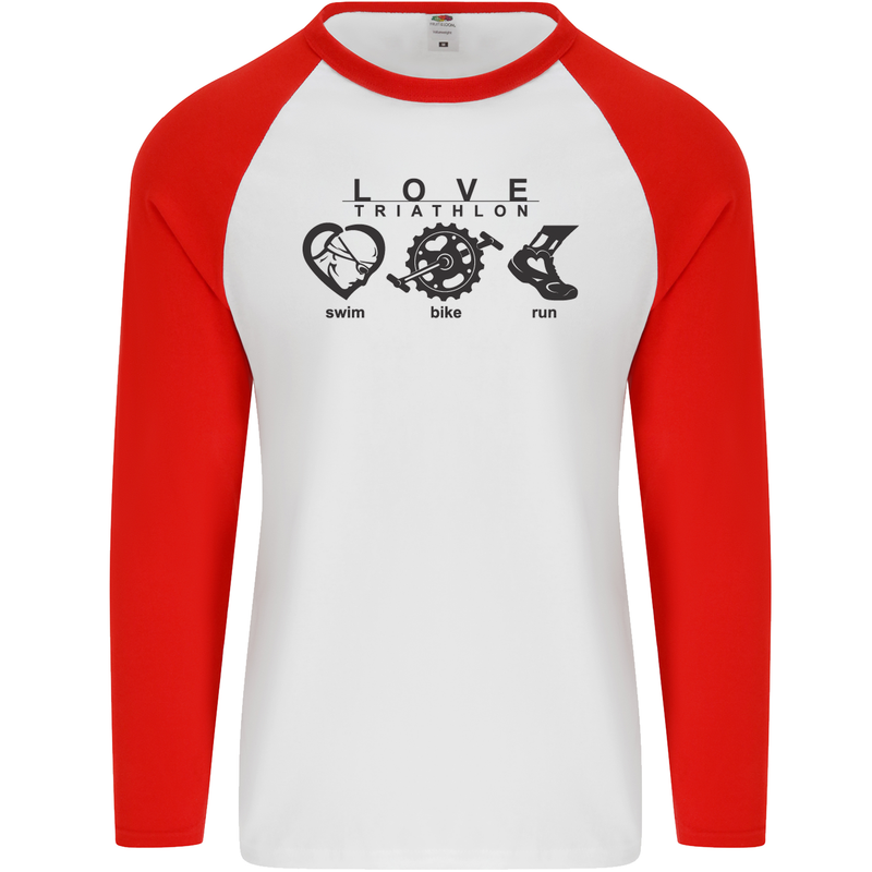 Love Triathlon Running Swimming Cycling Mens L/S Baseball T-Shirt White/Red