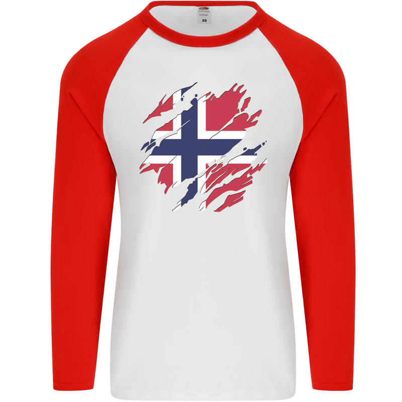 Torn Norway Flag Norwegian Day Football Mens L/S Baseball T-Shirt White/Red