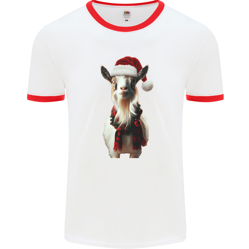 Christmas Goat Wearing  an Xmas Hat Mens Ringer T-Shirt White/Red