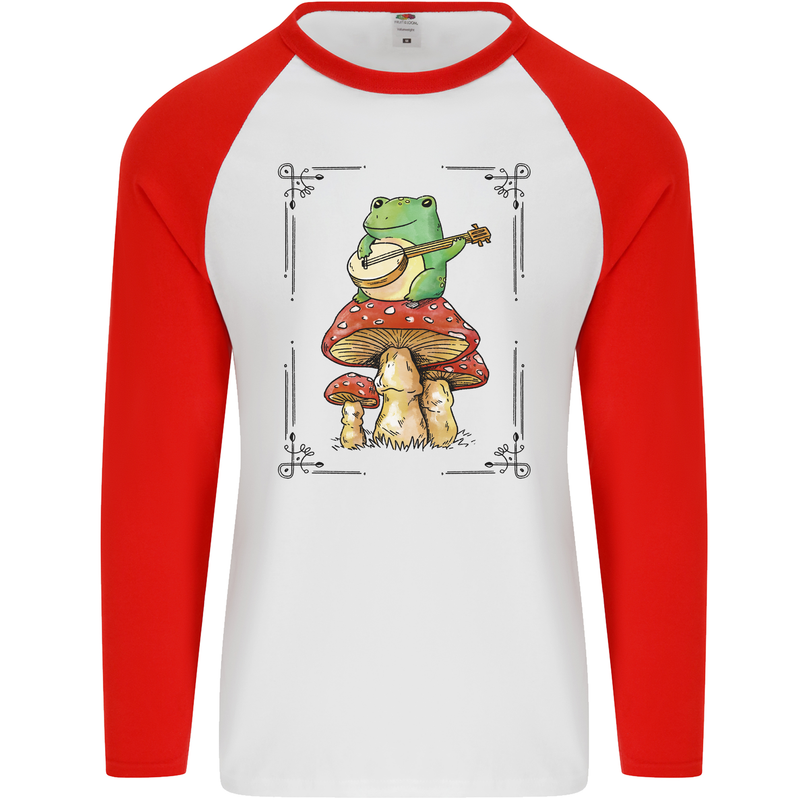 A Frog Playing the Guitar on a Toadstool Mens L/S Baseball T-Shirt White/Red