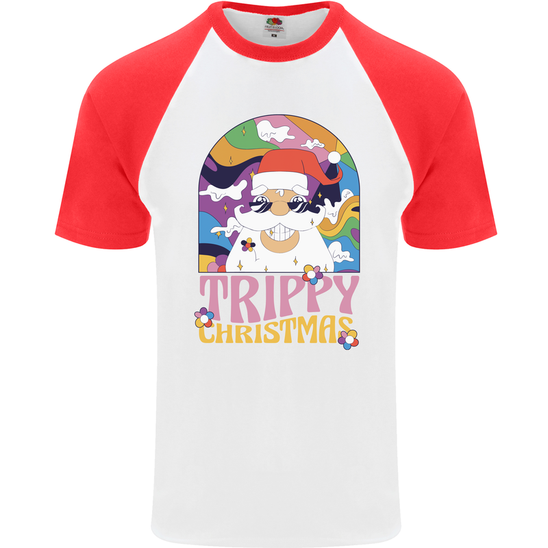 Trippy Christmas LSD Santa Magic Mushrooms Xmas Mens S/S Baseball T-Shirt White/Red