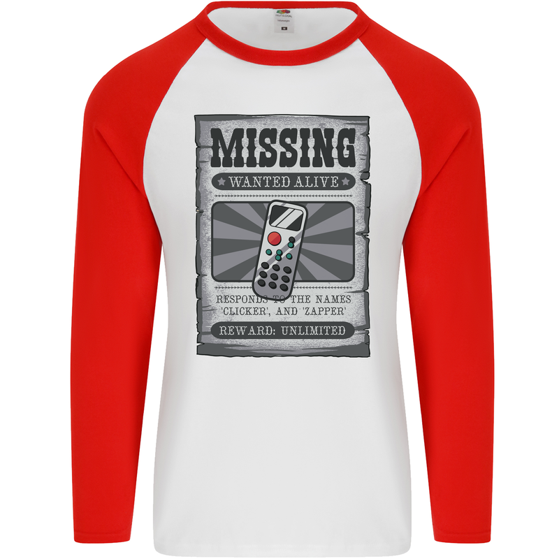 Wanted Remote Control Funny TV Lost Misplaced Mens L/S Baseball T-Shirt White/Red