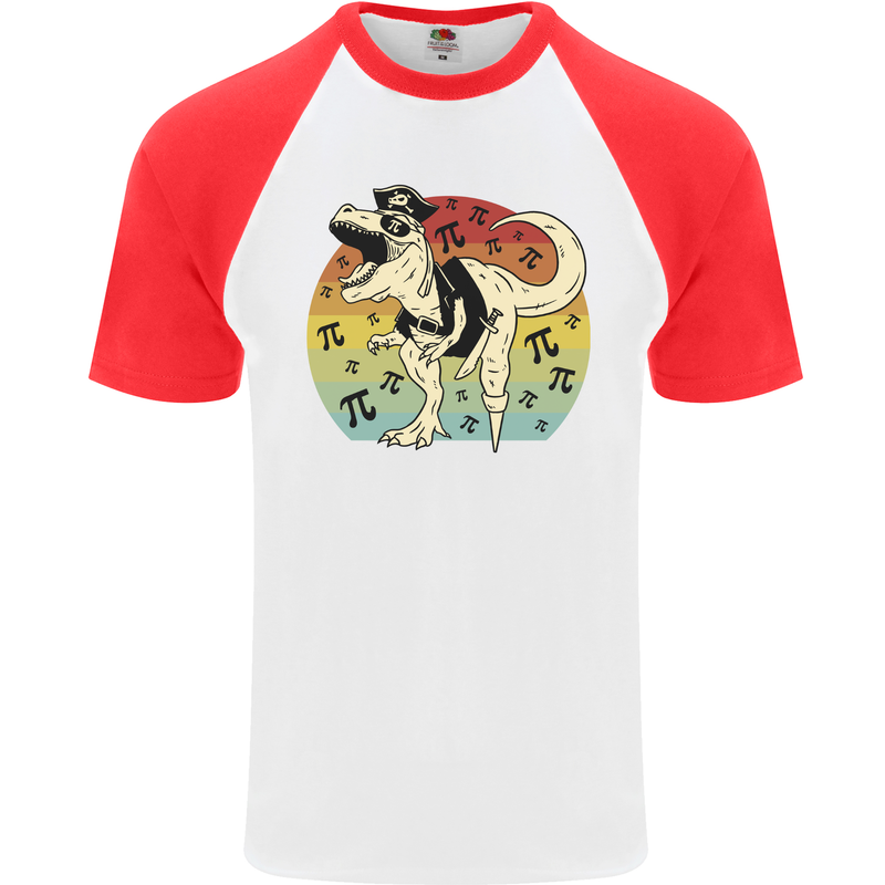 Pirate Pi T-Rex Funny Dinosaur Maths Mens S/S Baseball T-Shirt White/Red