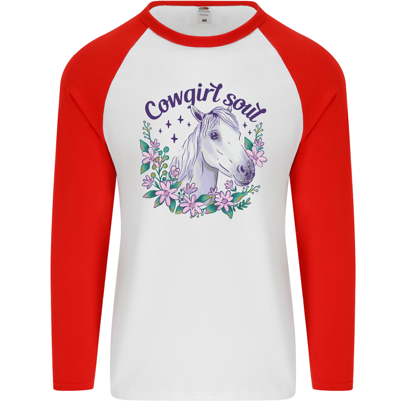 Cowgirl Soul Equestrian Horse Mens L/S Baseball T-Shirt White/Red