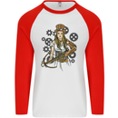 A Steampunk Woman With a Crossbow Mens L/S Baseball T-Shirt White/Red
