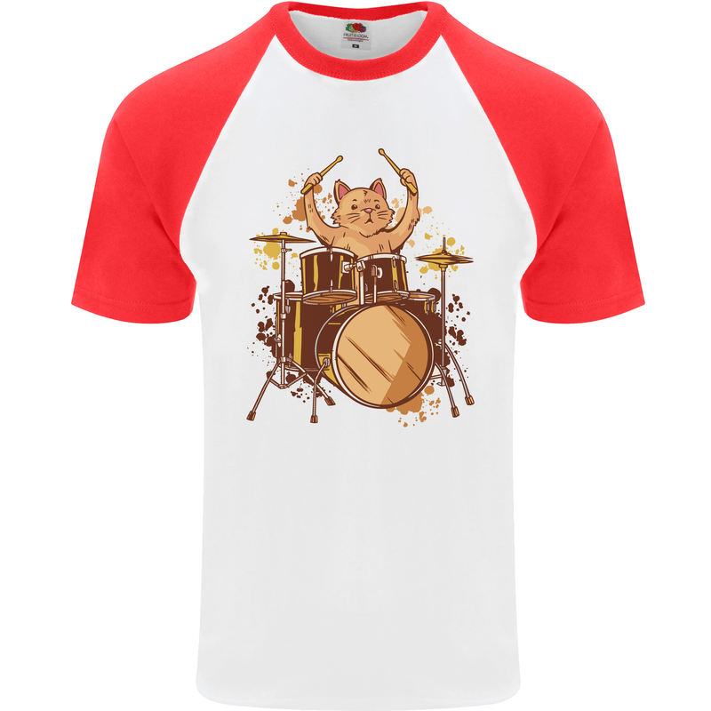 A Cat Drummer Drumming Mens S/S Baseball T-Shirt White/Red