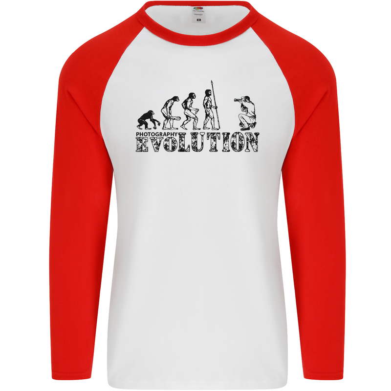 Evolution Photographer Funny Photoraphy Mens L/S Baseball T-Shirt White/Red