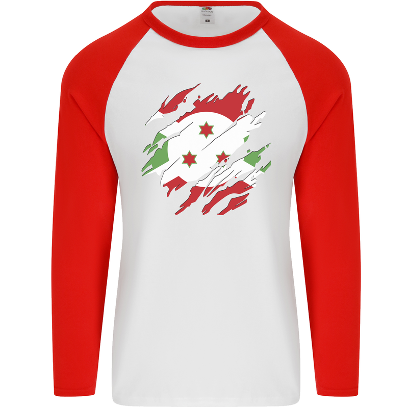 Torn Burundi Flag Burundians Day Football Mens L/S Baseball T-Shirt White/Red