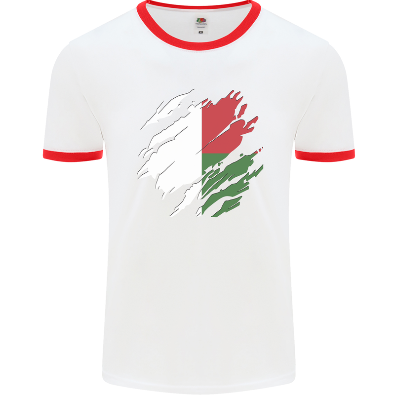 Torn Madagascar Flag Madagascan Day Football Mens Ringer T-Shirt White/Red