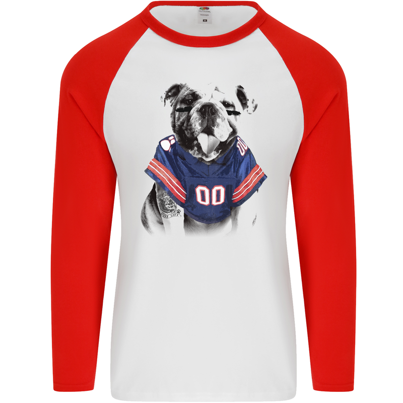 American Football Bulldog With Tattoos Mens L/S Baseball T-Shirt White/Red