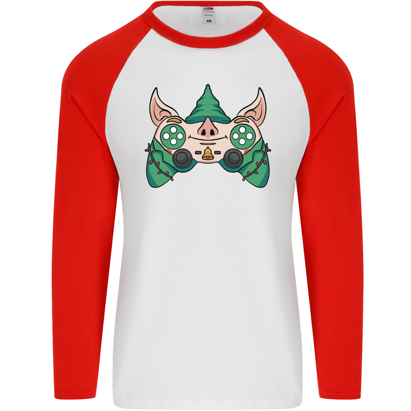 Christmas Elf Video Game Controller Joypad Xmas Mens L/S Baseball T-Shirt White/Red