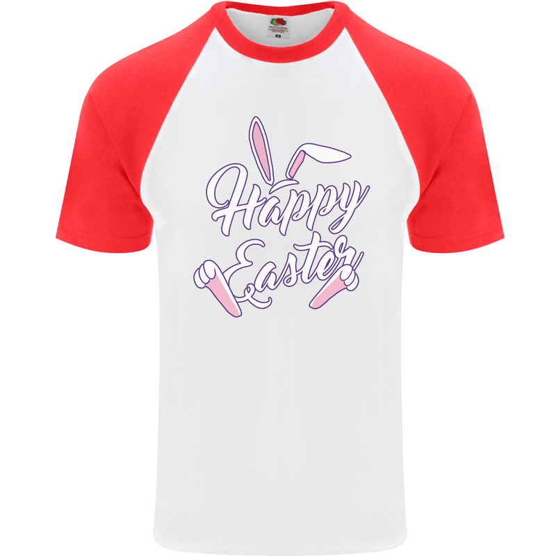 Happy Easter Cool Rabbit Ears and Feet Mens S/S Baseball T-Shirt White/Red