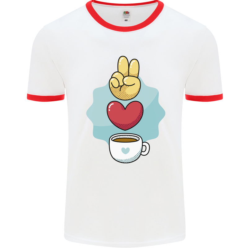 Peace Love Coffee Mens Ringer T-Shirt White/Red